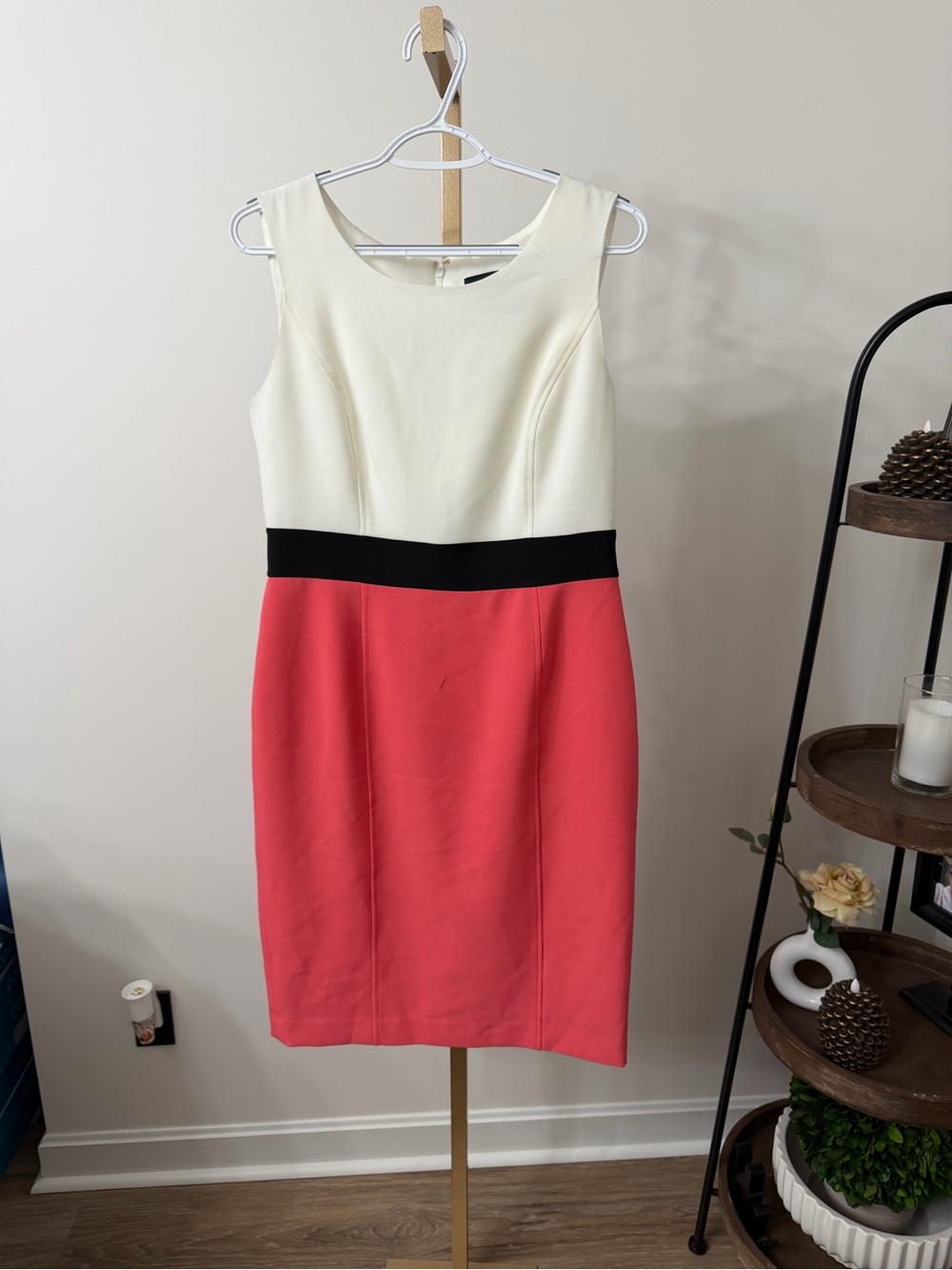 Evan Picone White , Black and Coral Colorblock Sheath Midi Dress